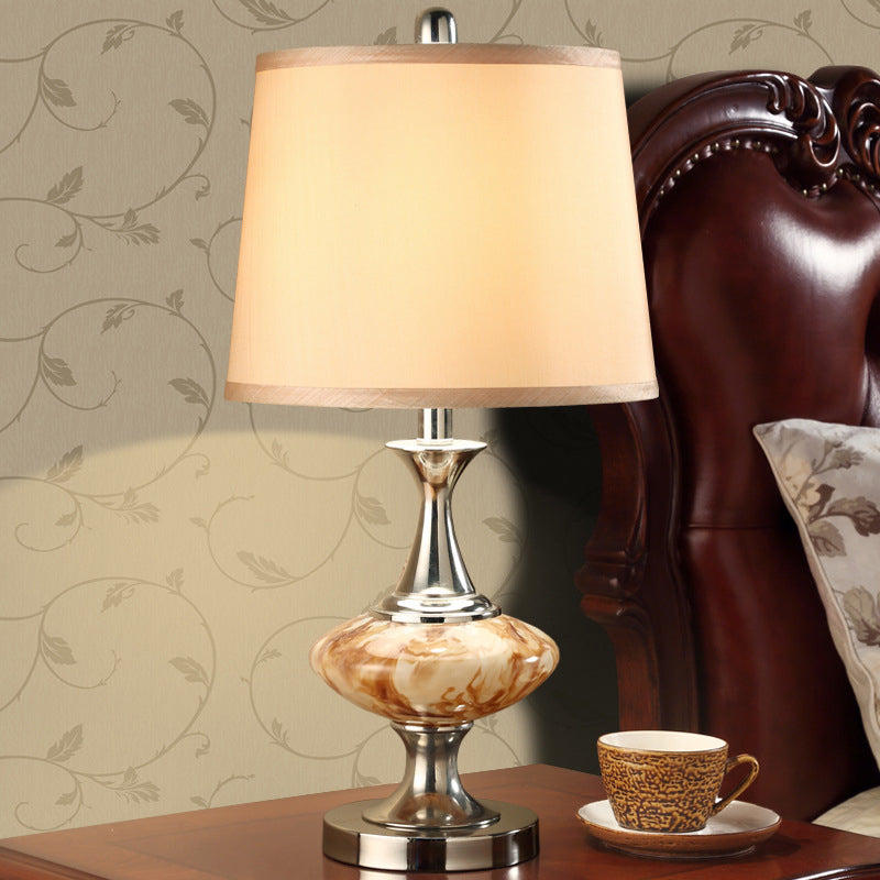 Country Drum Nightstand Light With Bellied Base In Nickel - 1-Light Fabric Table Lighting