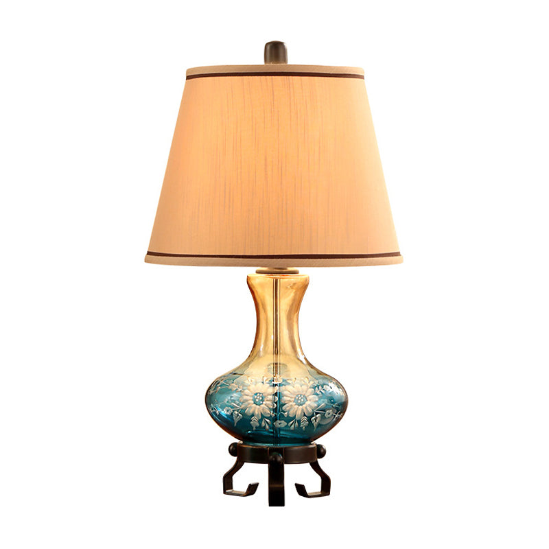 Ceramic Flower Patterned Vase Table Lamp - Retro Design Blue/Red Cone Fabric Shade