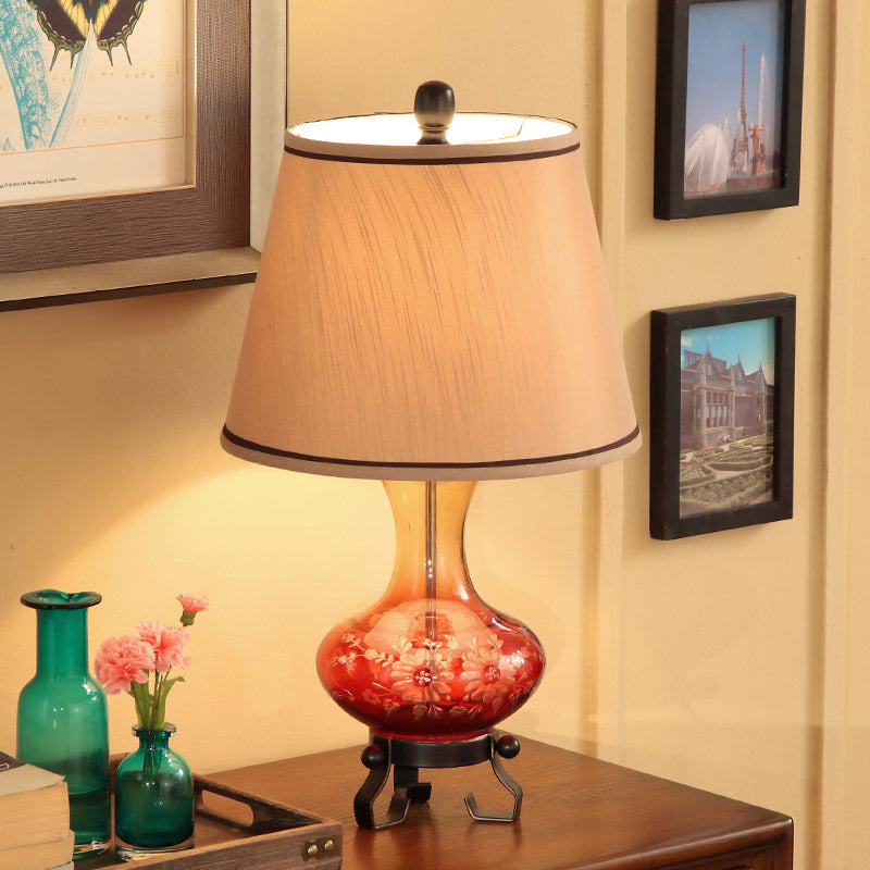 Ceramic Flower Patterned Vase Table Lamp - Retro Design Blue/Red Cone Fabric Shade