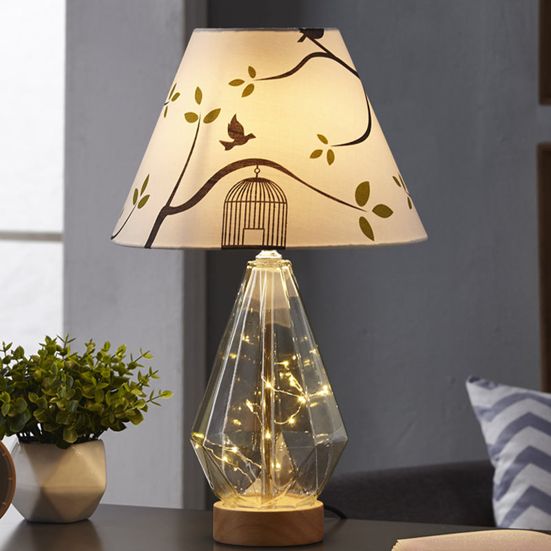 Contemporary Clear Glass Urn Night Lamp With Cone Fabric Shade - Ideal 1-Bulb Table Light For