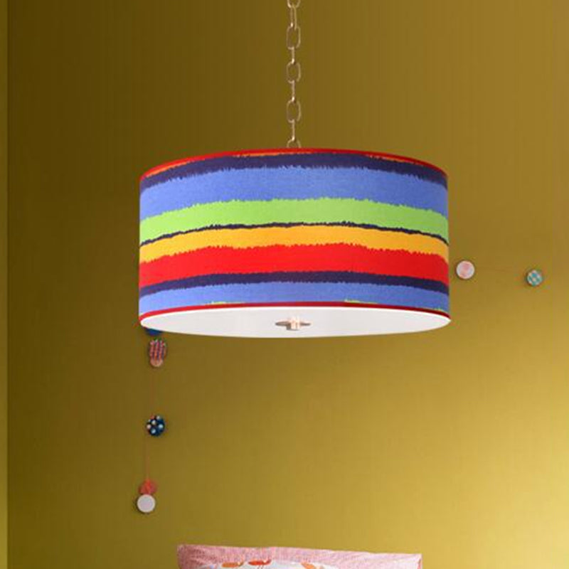 Kids Red And Blue Drum Ceiling Light - 1-Light Fabric Hanging Pendant For Bedroom Red-Blue