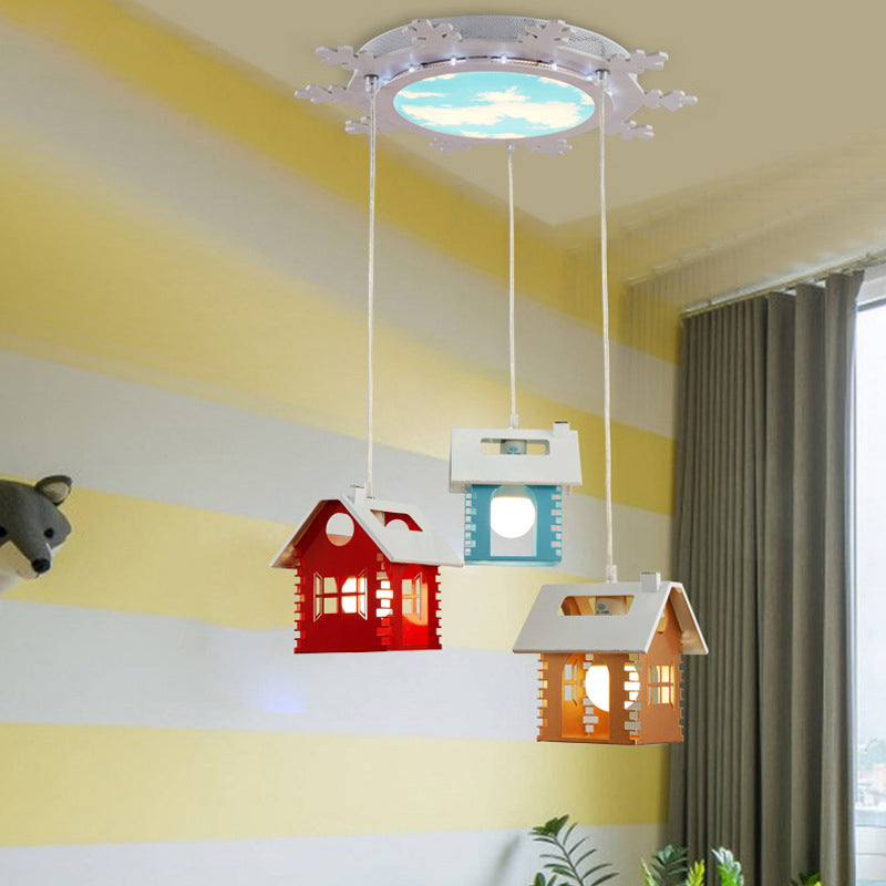 House-Shaped Multi-Light Pendant With Metallic Finish And 3 Colored Heads Red-Yellow-Blue