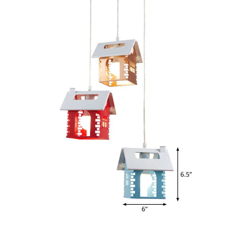 House-Shaped Multi-Light Pendant With Metallic Finish And 3 Colored Heads
