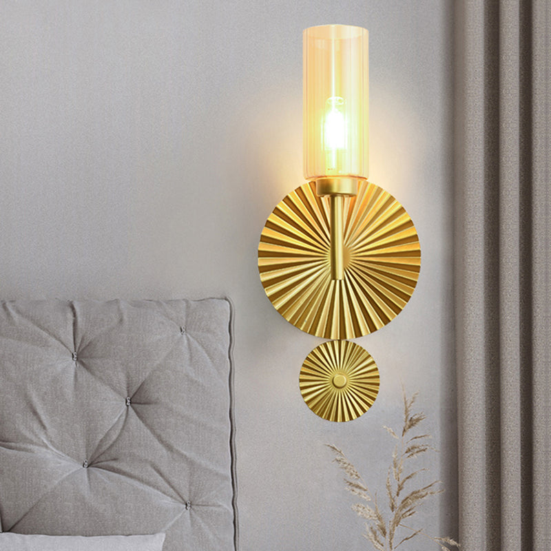 Mid Century Tubular Wall Sconce With Clear/Amber/Smoke Grey Glass And Brass Scalloped Backplate