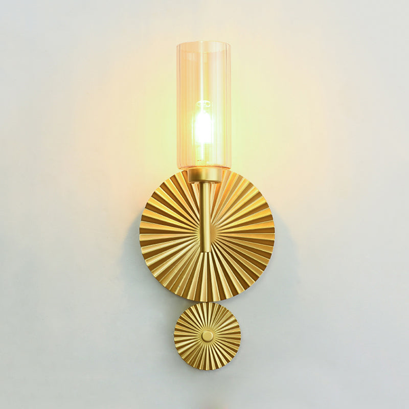 Mid Century Tubular Wall Sconce With Clear/Amber/Smoke Grey Glass And Brass Scalloped Backplate