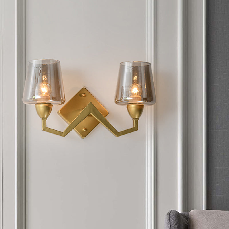 Mid-Century Wall Lamp With Truncated Cone Shade And Smoke/Clear Glass - Brass Sconce Light Fixture