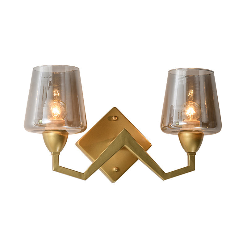 Mid-Century Wall Lamp With Truncated Cone Shade And Smoke/Clear Glass - Brass Sconce Light Fixture