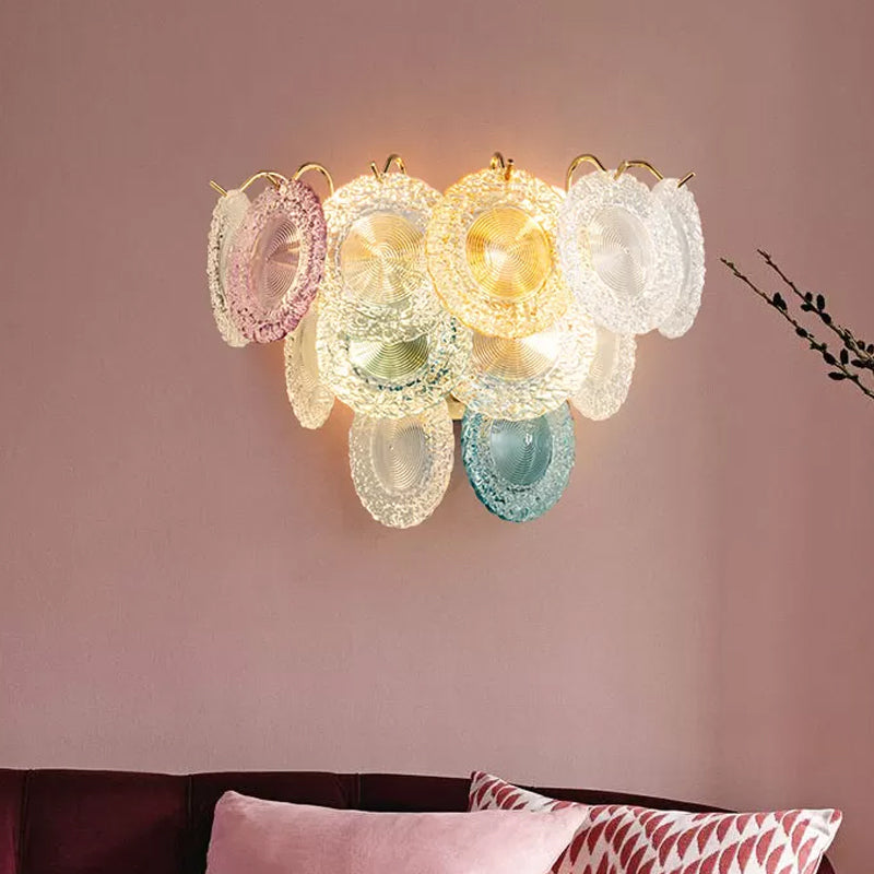Modernist Layered Disc Wall Light In Pink And Blue Glass - 5-Bulb Wall-Mounted Lighting Fixture For