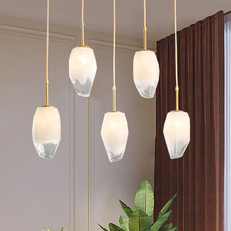 Frosted White Glass Hanging Light With Brass Pendant - Rock Shape Design Ideal For Dining Table