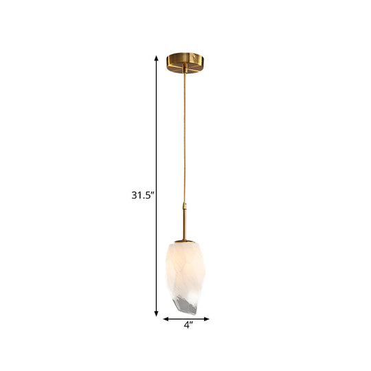 Frosted White Glass Hanging Light With Brass Pendant - Rock Shape Design Ideal For Dining Table
