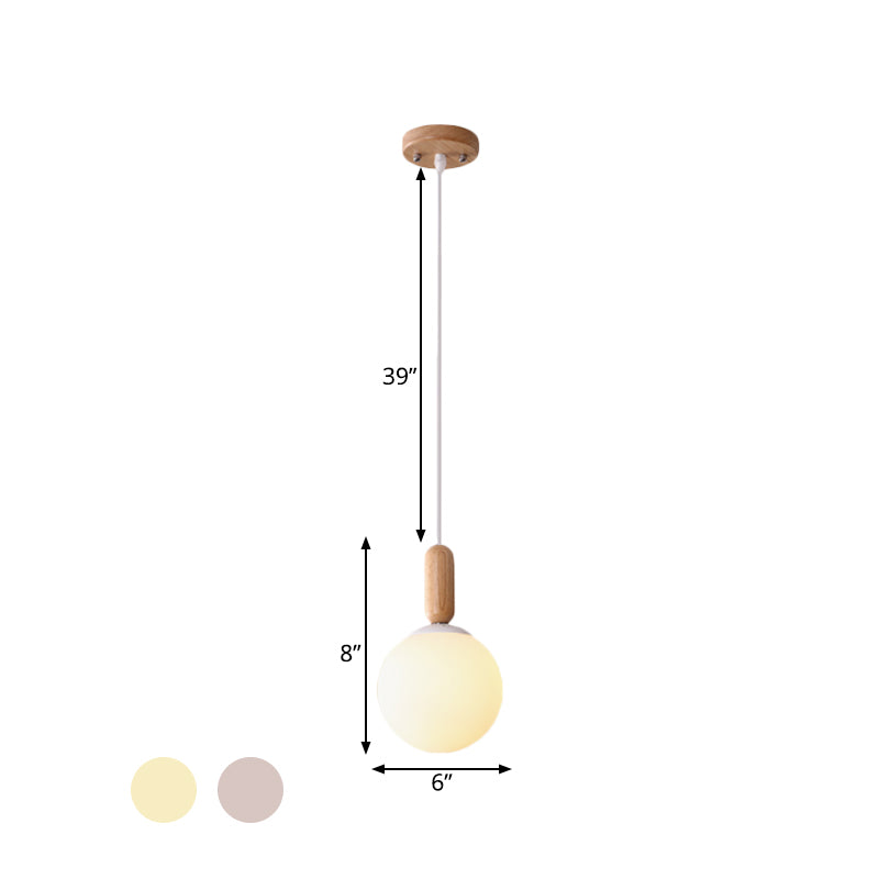 Sleek Sphere Kitchen Pendant Light: White/Cognac Glass Minimalist Design With Wood Grip