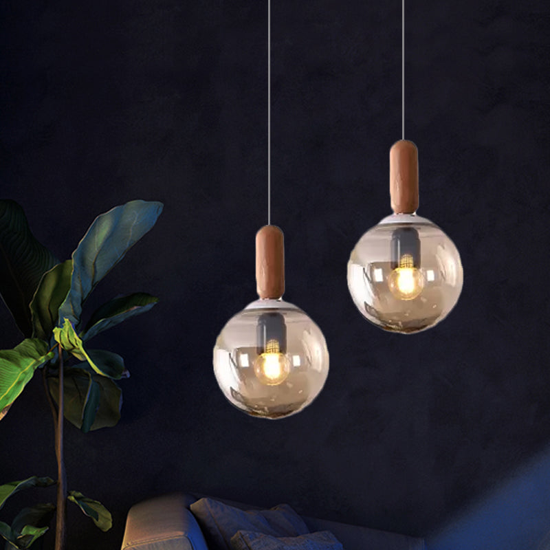 Sleek Sphere Kitchen Pendant Light: White/Cognac Glass Minimalist Design With Wood Grip Cognac