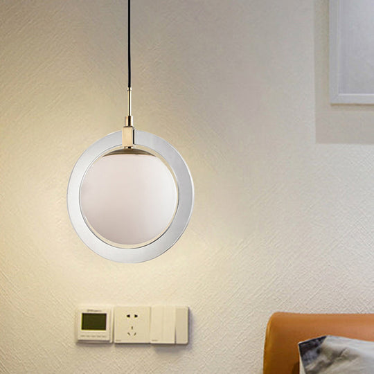 Minimalist White Glass Globe Pendant Light - Single Bedside Lighting Fixture with Ring Arm