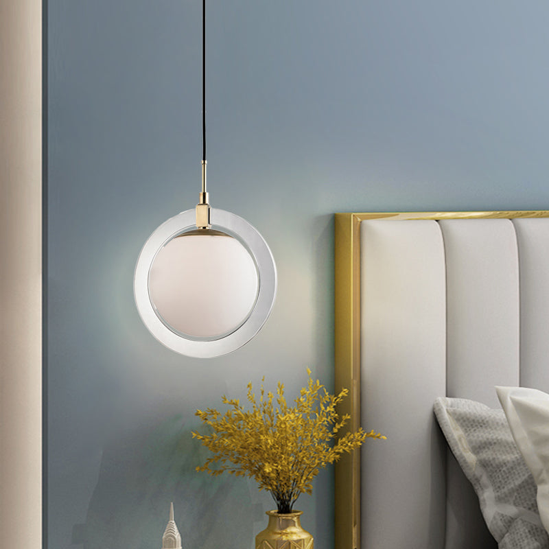 Minimalist White Glass Globe Pendant Light - Single Bedside Lighting Fixture with Ring Arm