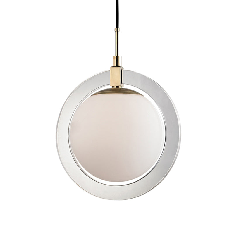 Minimalist White Glass Globe Pendant Light - Single Bedside Lighting Fixture with Ring Arm