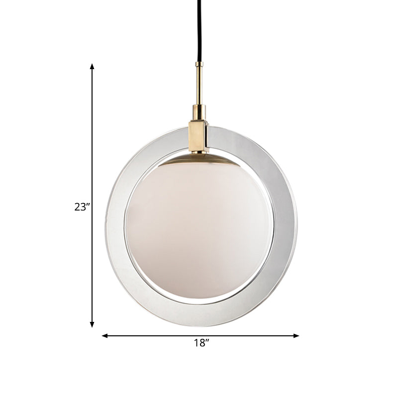 Minimalist White Glass Globe Pendant Light - Single Bedside Lighting Fixture with Ring Arm