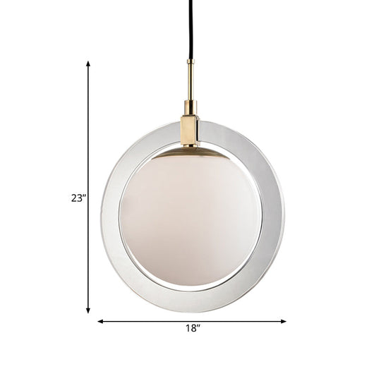 Minimalist White Glass Globe Pendant Light - Single Bedside Lighting Fixture with Ring Arm