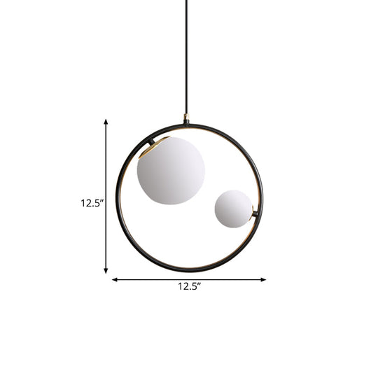 Contemporary Black Loop Pendant Chandelier With Opaline Glass Lamp Shade - 2 Lights