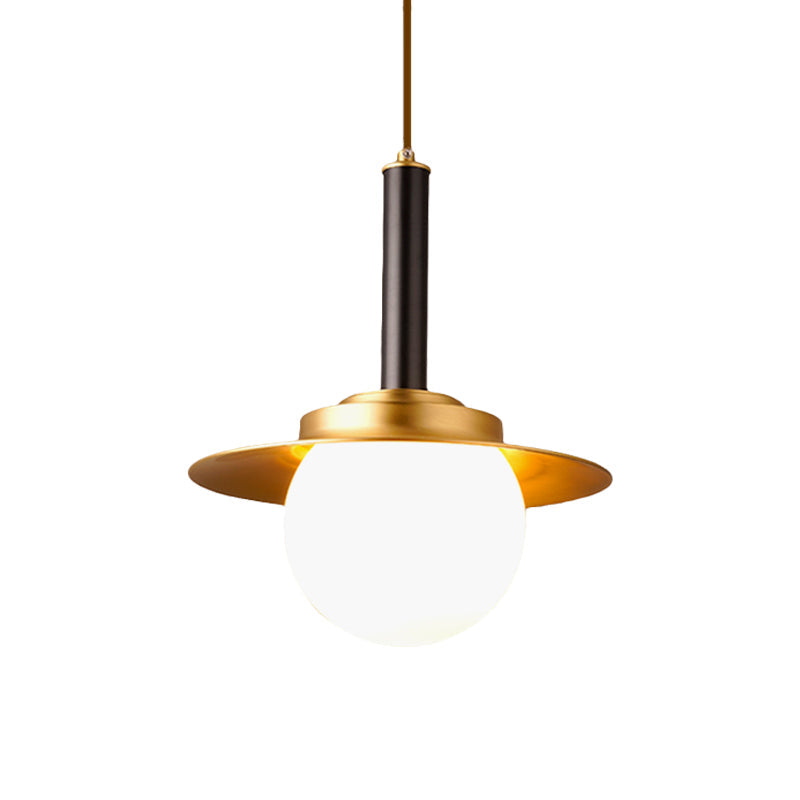 Post-Modern Metal Cap Pendant Light With Brass Head And Glass Shade