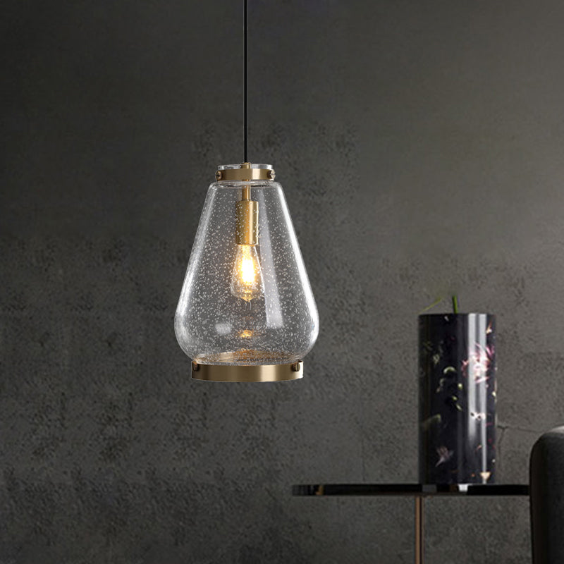Minimalist Seeded Glass Pendant Light With Brass Rim - 1-Light Ceiling Lamp For Bedroom