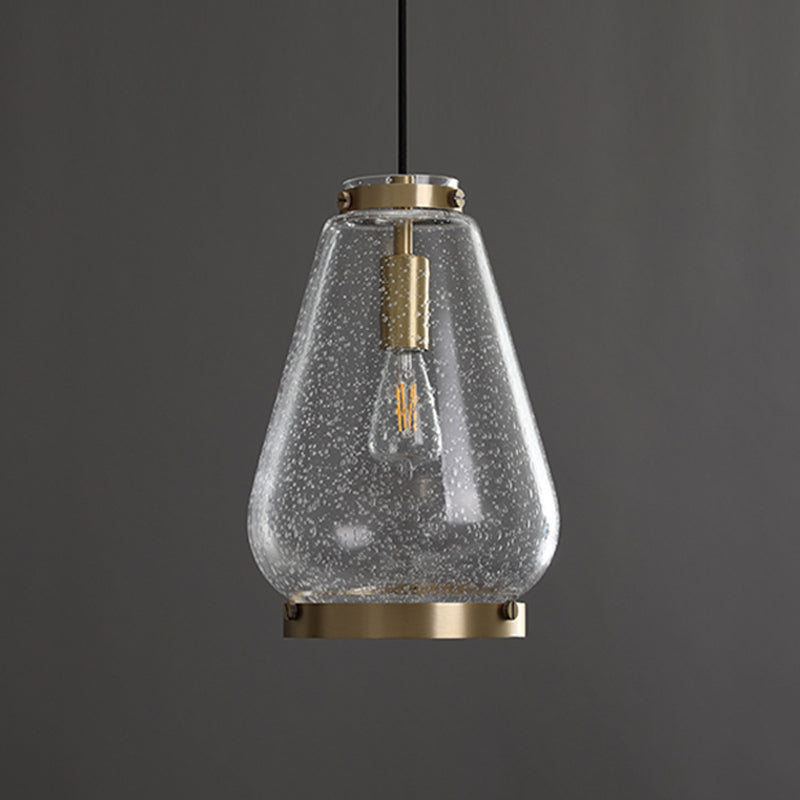 Minimalist Seeded Glass Pendant Light With Brass Rim - 1-Light Ceiling Lamp For Bedroom