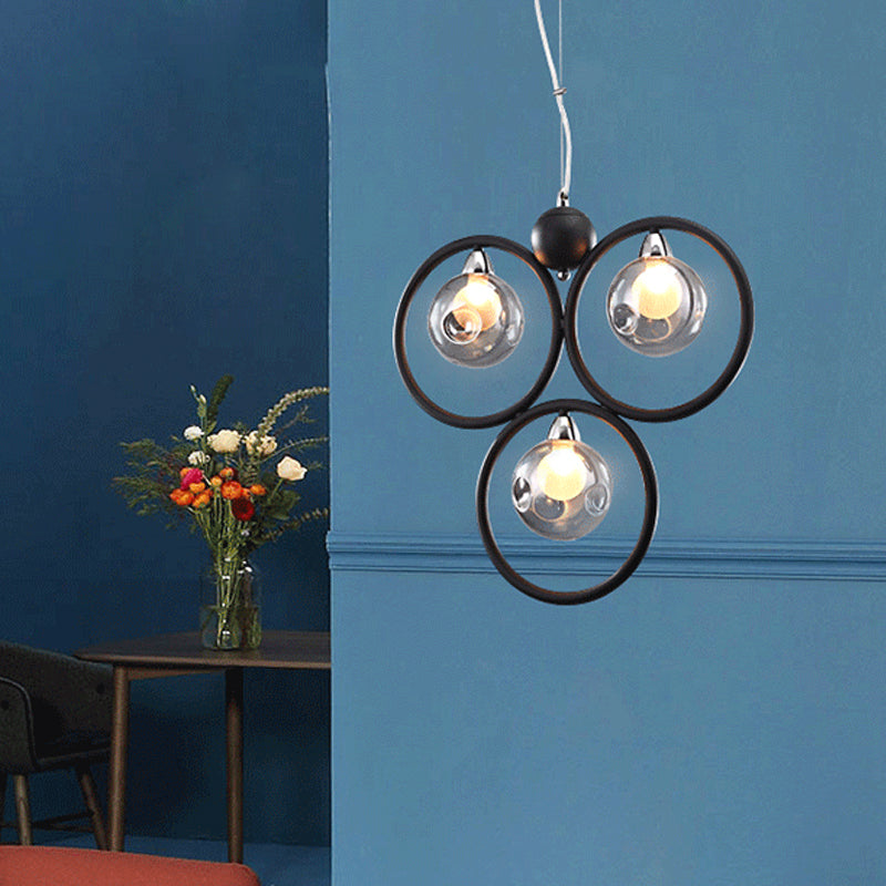 Modern Smoke Grey Glass Dimpled Ball Pendant Chandelier - 3 Bulbs Black Hoop Arm