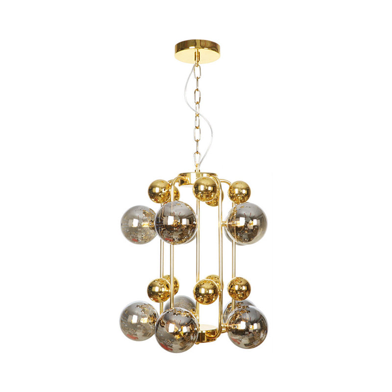 Postmodern 8-Bulb Chandelier Lamp with Smoke Grey Glass - Brass Molecular Pendant Light Fixture