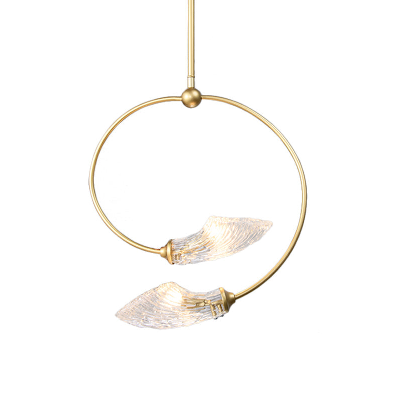 Minimalistic Clear Glass Swirly Flower Chandelier Pendant Light - Gold Finish, 2 Bulbs