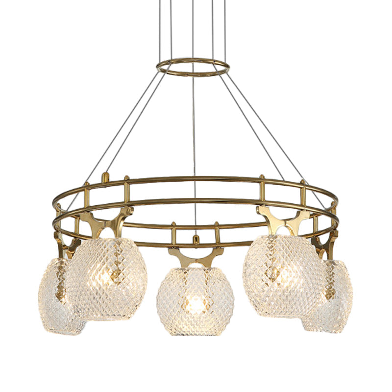 Gold Postmodern Ball Chandelier Pendant Light with Clear Glass, 5-Head Suspension Lamp for Dining Room Ceiling