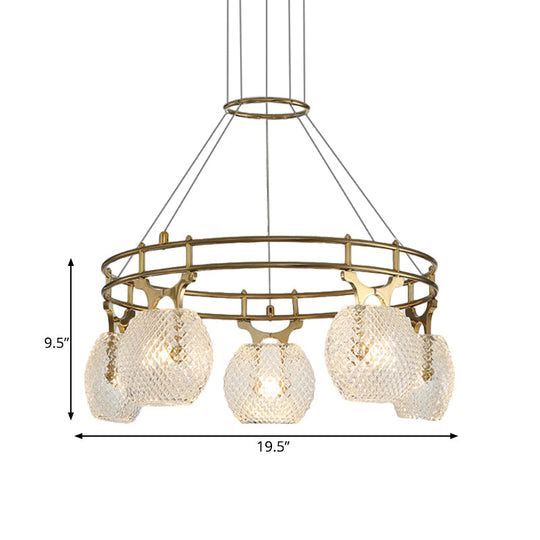 Postmodern Clear Lattice Glass 5-Head Gold Pendant Light For Dining Room Ceiling Suspension