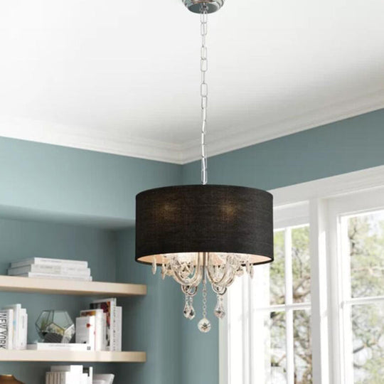 Modern Black Drum Fabric Chandelier With Crystal Ball Accents - 4-Light Ceiling Pendant