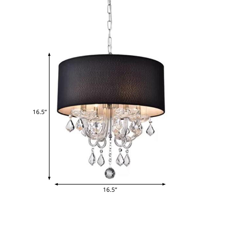 Modern Black Drum Fabric Chandelier With Crystal Ball Accents - 4-Light Ceiling Pendant