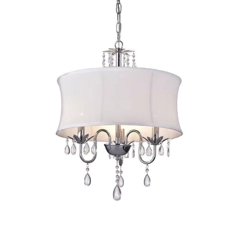 Contemporary White Round Chandelier with Crystal Drops - 3-Head Living Room Pendant Lamp