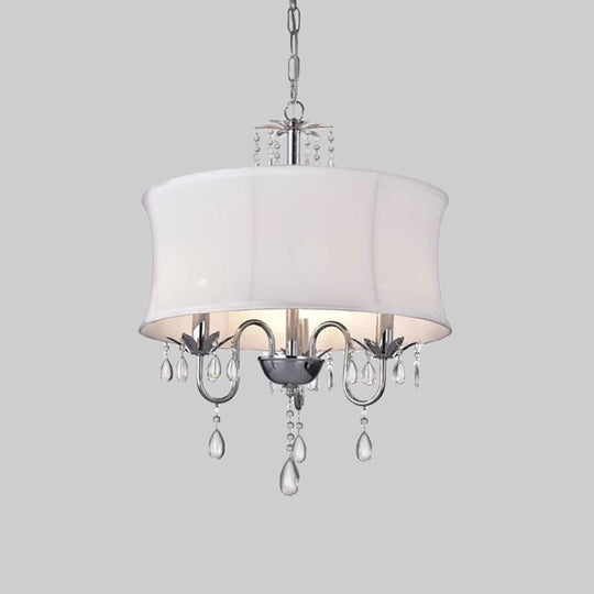 Contemporary White Fabric Chandelier Light - 3 Heads Pendant Lamp With Crystal Drop For Living Room