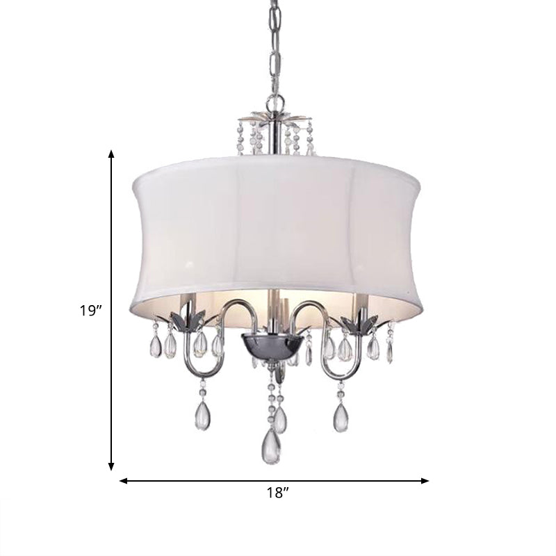 Contemporary White Round Chandelier with Crystal Drops - 3-Head Living Room Pendant Lamp