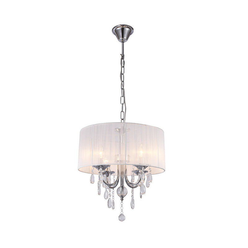Simple Style Living Room Chandelier with Drum Fabric Shade, 4-Light Chrome Pendant Light Kit and Crystal Drop