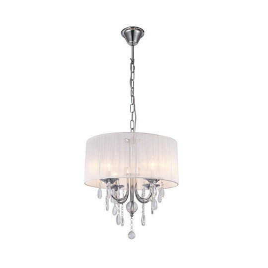 Simple Style Drum Living Room Chandelier With Crystal Drops - 4-Light Chrome Pendant Light Fixture