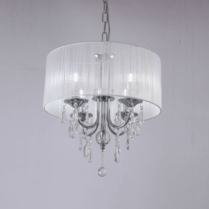 Simple Style Drum Living Room Chandelier With Crystal Drops - 4-Light Chrome Pendant Light Fixture