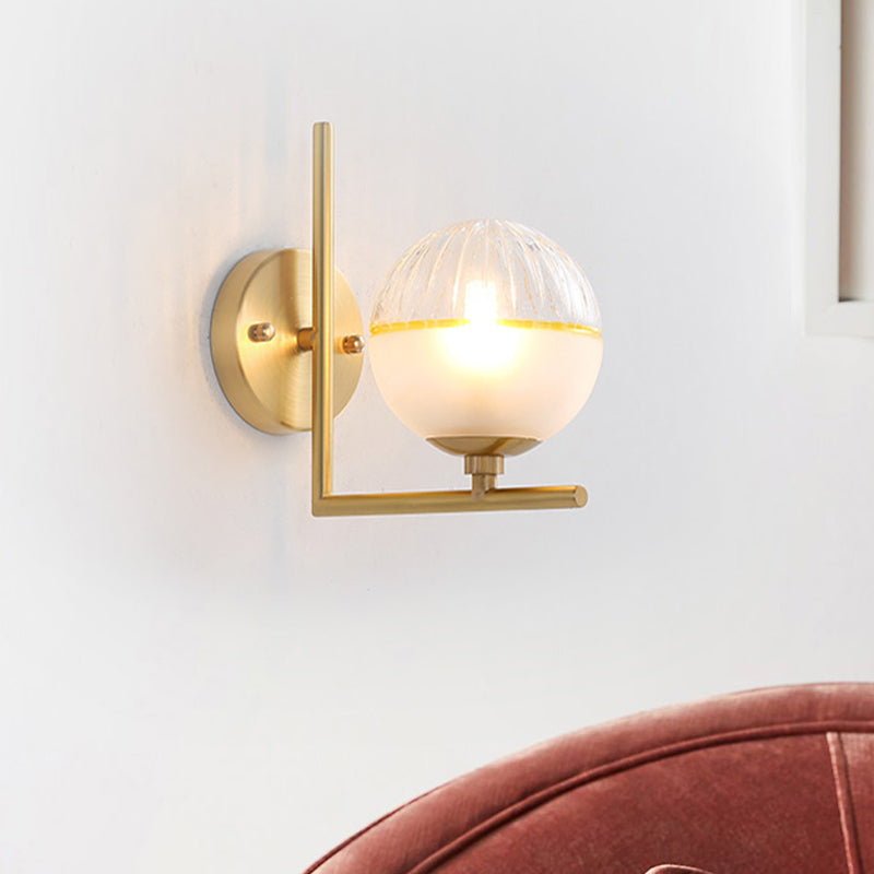 Minimalist Gold Arm Wall Mount Lamp With Glass Ball Shade - Single Bulb Metal Sconce Light Brass