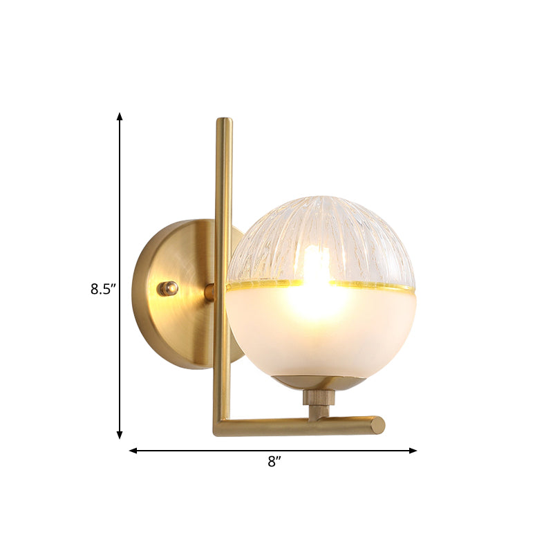 Minimalist Gold Arm Wall Mount Lamp With Glass Ball Shade - Single Bulb Metal Sconce Light