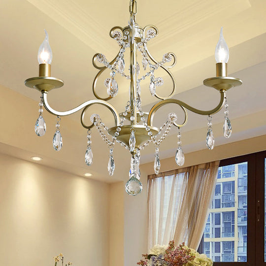 Contemporary Metal Gold Hanging Chandelier With Crystal Accent - 3/6-Bulb Bent Arm Drop Pendant 3 /