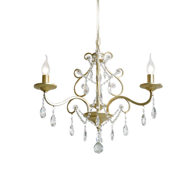 Contemporary Metal Gold Hanging Chandelier With Crystal Accent - 3/6-Bulb Bent Arm Drop Pendant