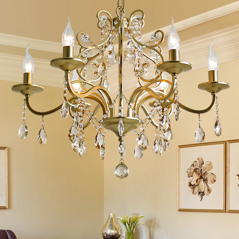 Contemporary Metal Gold Hanging Chandelier With Crystal Accent - 3/6-Bulb Bent Arm Drop Pendant 6 /