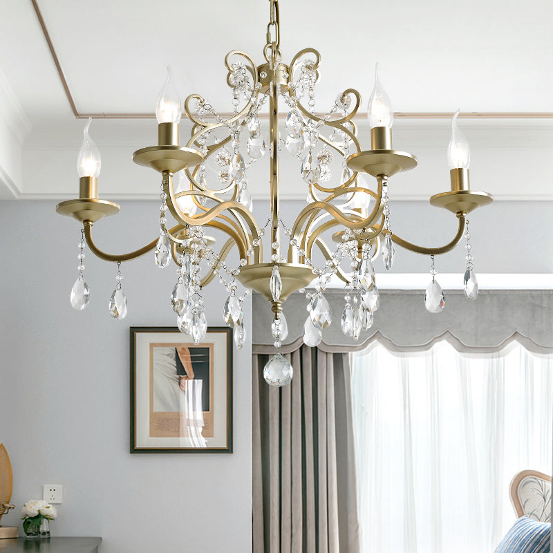 Contemporary Metal Gold Hanging Chandelier With Crystal Accent - 3/6-Bulb Bent Arm Drop Pendant