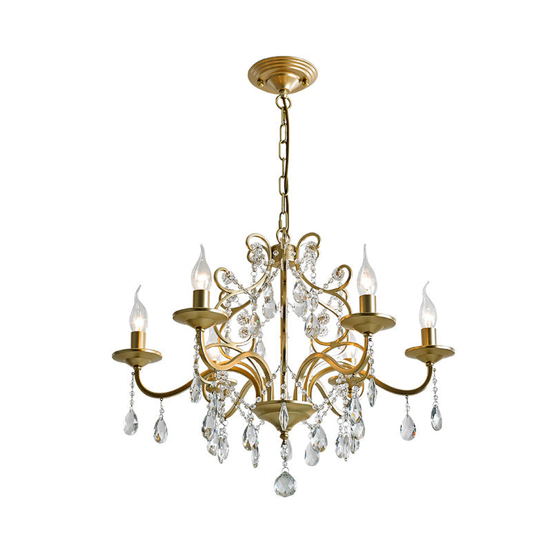 Contemporary Metal Gold Hanging Chandelier With Crystal Accent - 3/6-Bulb Bent Arm Drop Pendant