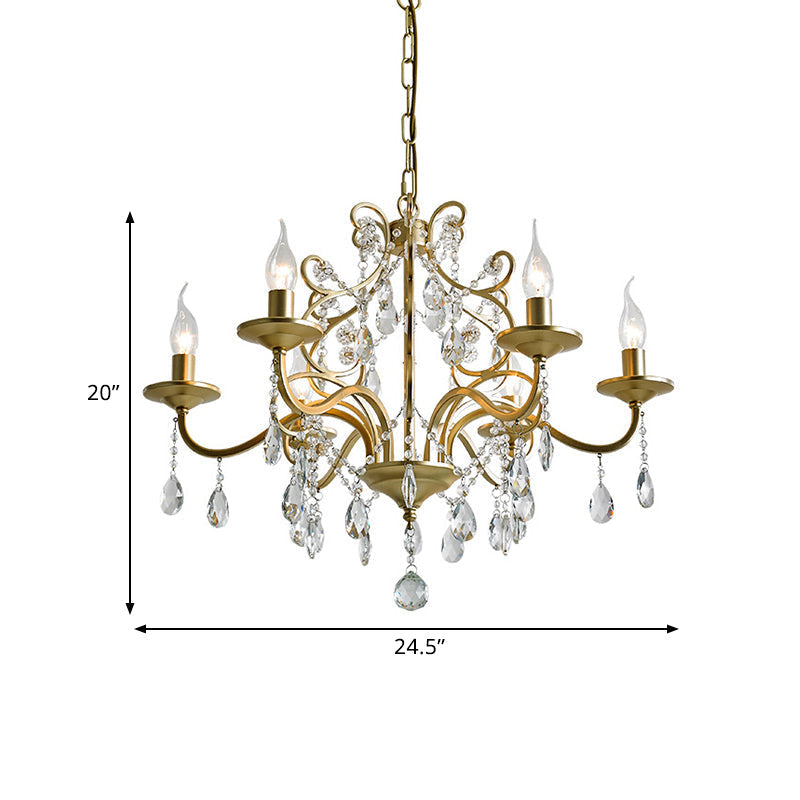 Contemporary Metal Gold Hanging Chandelier With Crystal Accent - 3/6-Bulb Bent Arm Drop Pendant