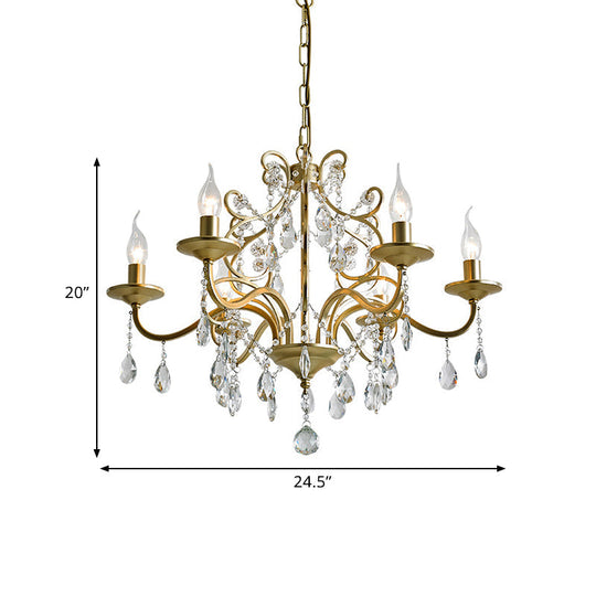 Contemporary Metal Gold Hanging Chandelier With Crystal Accent - 3/6-Bulb Bent Arm Drop Pendant