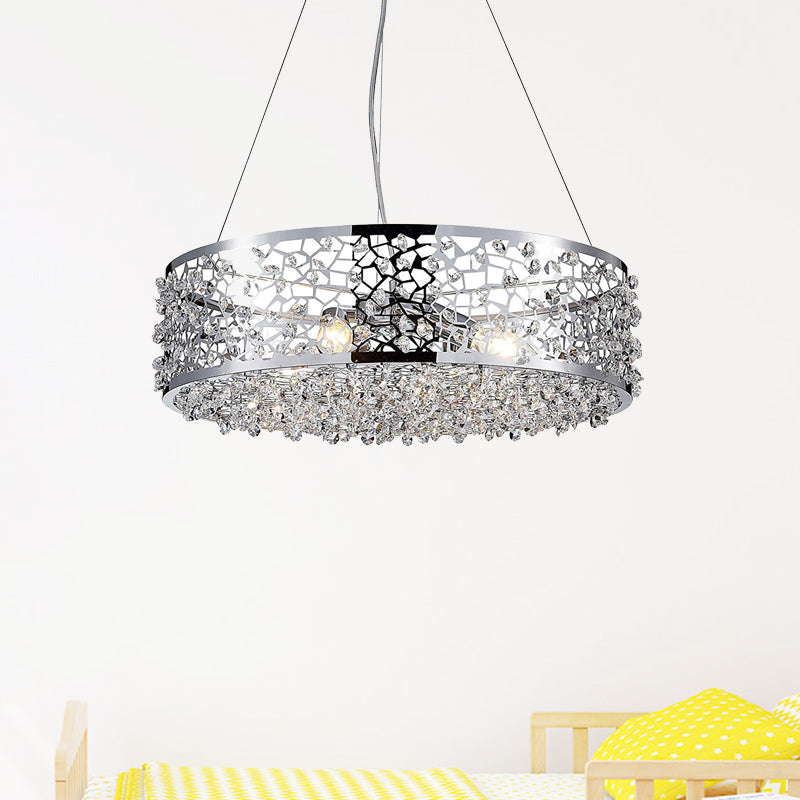 Modern Crystal Encrusted Pendant Chandelier with Drum Shade - 4 Lights, Chrome Finish