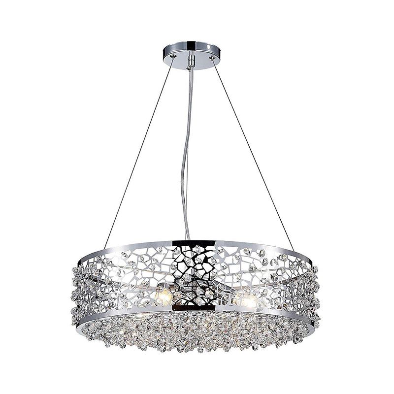 Modern Crystal Encrusted Pendant Chandelier with Drum Shade - 4 Lights, Chrome Finish