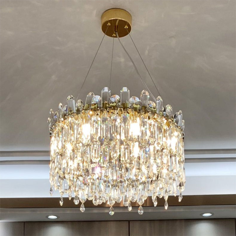 Gold Crystal Drop Pendant Chandelier Lamp - Simple Style, 8-Bulbs, Ideal for Bedroom